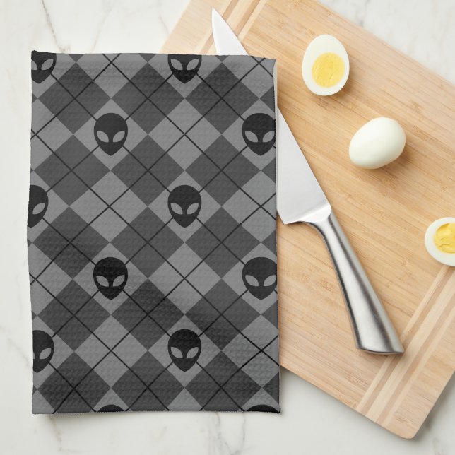 Black and Grey Alien Argyle Pattern Tea Towel (Quarter Fold)