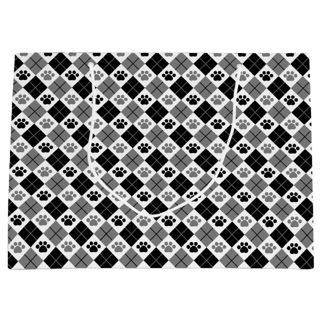 Black and Grey Argyle Paw Print Pattern Large Gift Bag (Front)