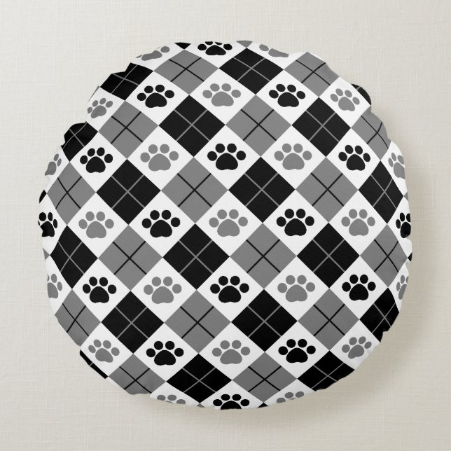 Black and Grey Argyle Paw Print Pattern Round Cushion (Front)