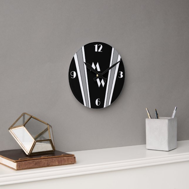 Black And Grey Art Deco Design Monogrammed Round Clock (Office)
