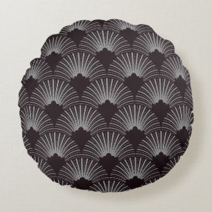 Black and grey art-deco pattern round cushion