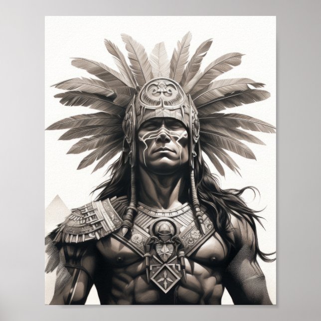 Black and Grey Aztec Warrior on White Background P Poster (Front)