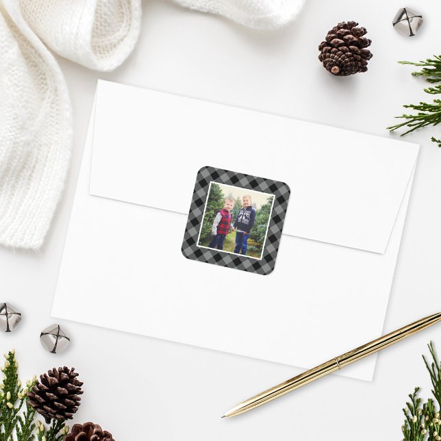 Black and Grey Buffalo Plaid Holiday Photo Square Sticker (Creator Uploaded)