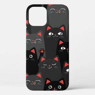 Black and grey Cats. Cartoon seamless pattern. Vin iPhone 12 Case