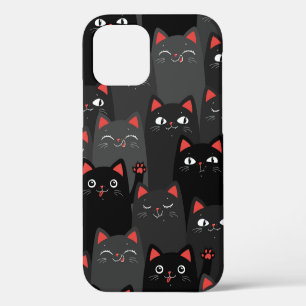 Black and grey Cats. Cartoon seamless pattern. Vin iPhone 12 Case
