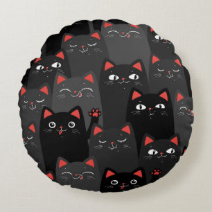 Black and grey Cats. Cartoon seamless pattern. Vin Round Cushion