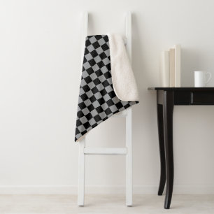 Black and Grey Chequered Print Sherpa Blanket