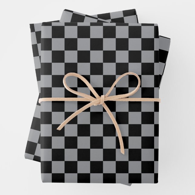 Black and Grey Chequered Print Wrapping Paper Sheet (In situ)