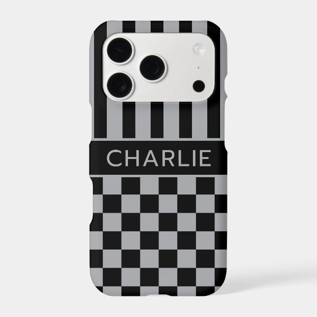 Black and Grey Chequered Striped Personalised (Back)