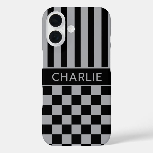 Black and Grey Chequered Striped Personalised Case-Mate iPhone Case (Back)