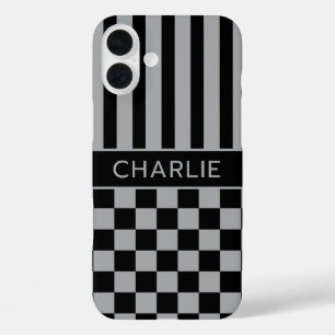 Black and Grey Chequered Striped Personalised iPhone 16 Plus Case