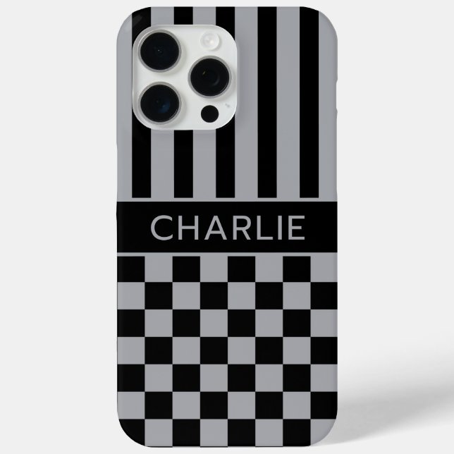 Black and Grey Chequered Striped Personalised Case-Mate iPhone Case (Back)