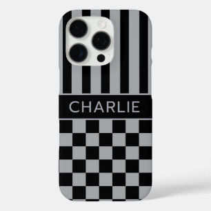 Black and Grey Chequered Striped Personalised iPhone 16 Pro Case