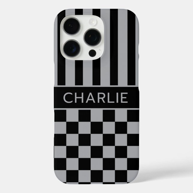 Black and Grey Chequered Striped Personalised Case-Mate iPhone Case (Back)