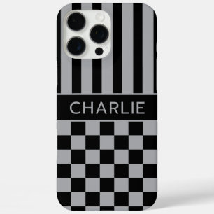 Black and Grey Chequered Striped Personalised iPhone 16 Pro Max Case