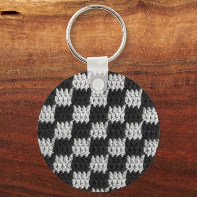 Black and Grey Chessboard Squares Crochet Print on Key Ring (Front)