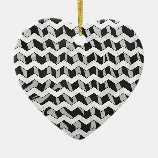 Black and Grey Chevron Zebra pattern Ceramic Ornament (Front)
