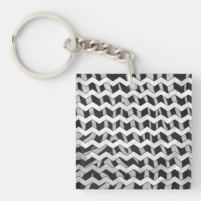 Black and Grey Chevron Zebra pattern Key Ring (Front)