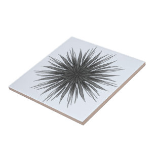 Black And Grey Circular Spray Of Feathered Leaves  Ceramic Tile