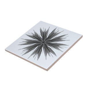 Black And Grey Circular Spray Of Feathered Leaves  Ceramic Tile
