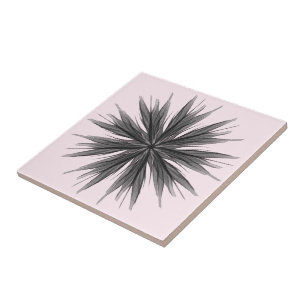 Black And Grey Circular Spray Of Feathered Leaves Ceramic Tile