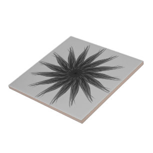 Black And Grey Circular Spray Of Feathered Leaves  Ceramic Tile