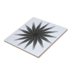 Black And Grey Circular Spray Of Feathered Leaves Ceramic Tile