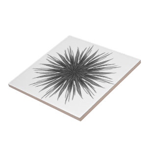 Black And Grey Circular Spray Of Feathered Leaves Ceramic Tile