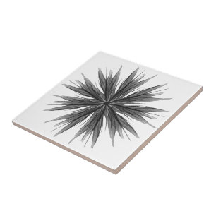 Black And Grey Circular Spray Of Feathered Leaves Ceramic Tile