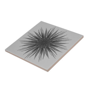 Black And Grey Circular Spray Of Feathered Leaves Ceramic Tile