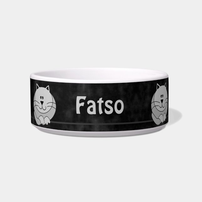 Black and Grey Cute Fat Cat Personalised Pet Bowl (Front)