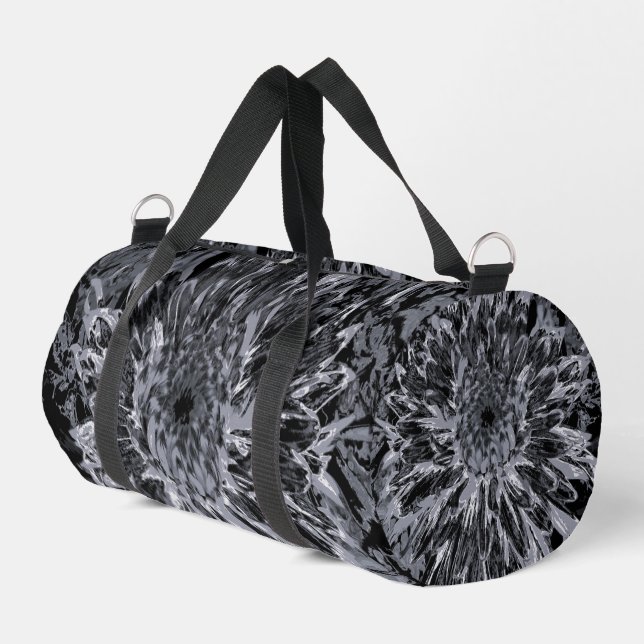 Black and Grey Dahlia Flower Duffle Bag (Left Corner)