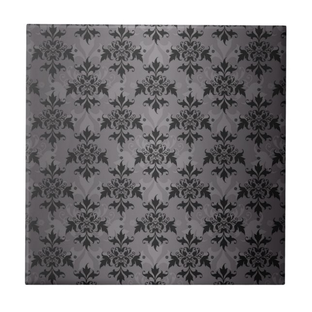 Black and Grey Damask Pattern Ceramic Tile (Front)
