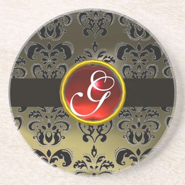 BLACK AND GREY DAMASK  Red Ruby Monogram Coaster (Front)