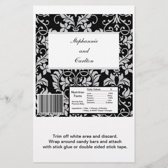 Black and Grey Damask Wedding Large Candy Bar Wrap Flyer (Front)