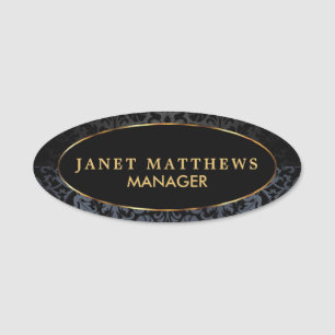 Black and Grey Damask with Gold Trim Design Name Tag