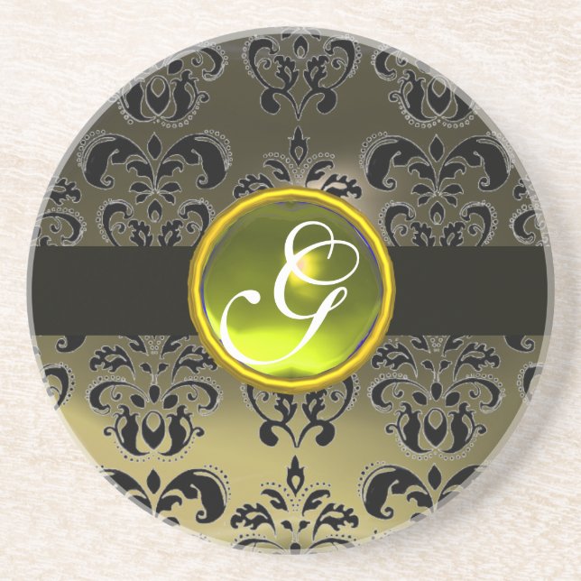 BLACK AND GREY DAMASK  Yellow Topaz Monogram Coaster (Front)