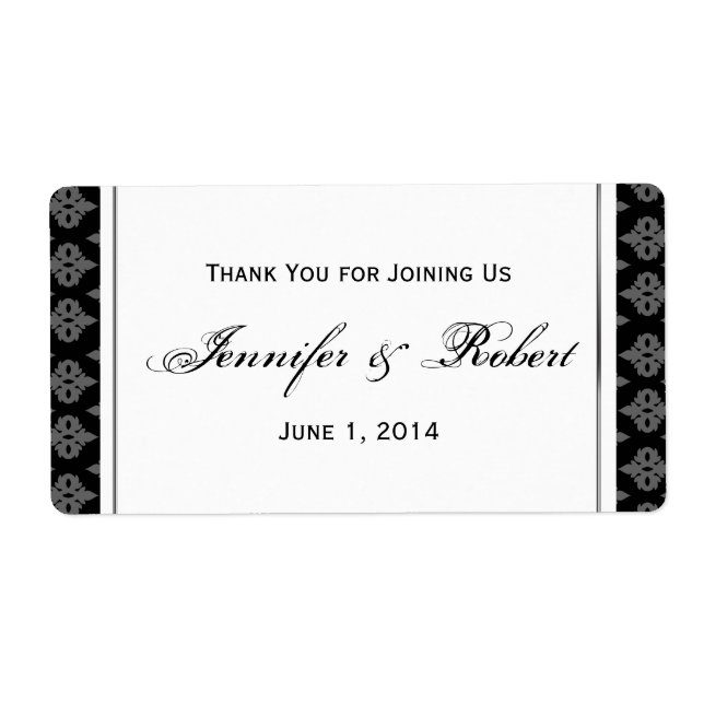 Black and Grey Diamond Damask Water Bottle Label (Front)