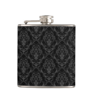 Black And grey Elegant Vintage Floral Damasks Hip Flask