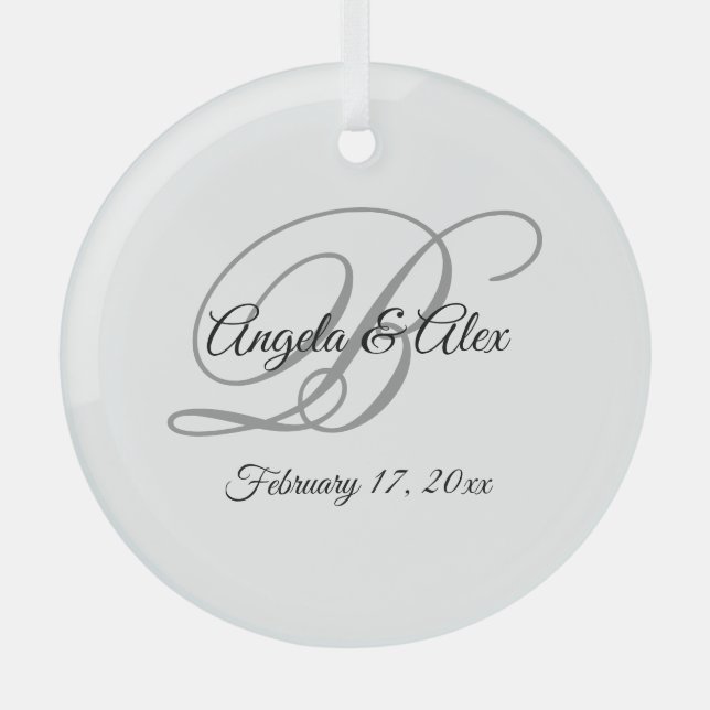 Black and Grey Fancy Script Monogram Glass Tree Decoration (Front)