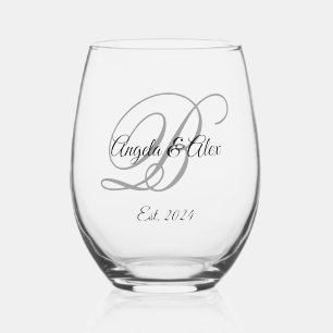 Black and Grey Fancy Script Monogrammed Stemless Wine Glass