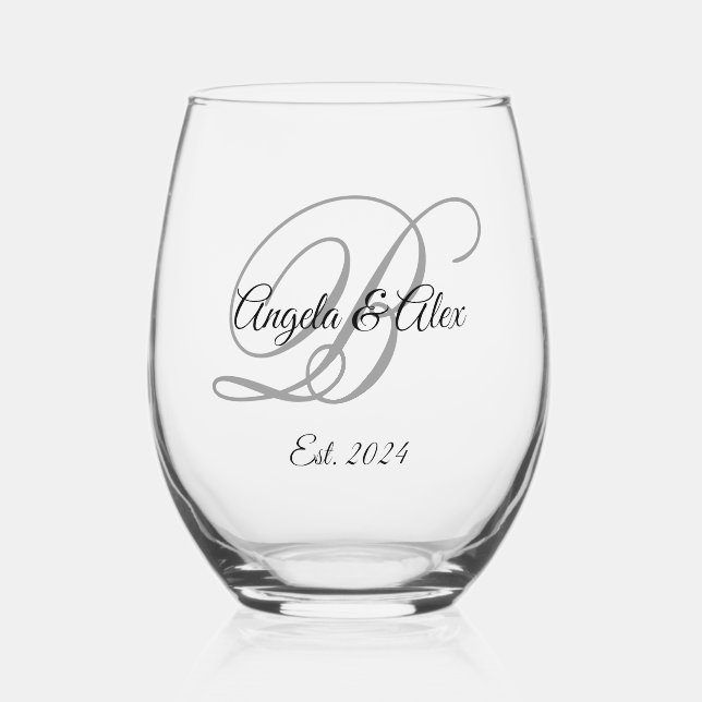 Black and Grey Fancy Script Monogrammed Stemless Wine Glass (Front)