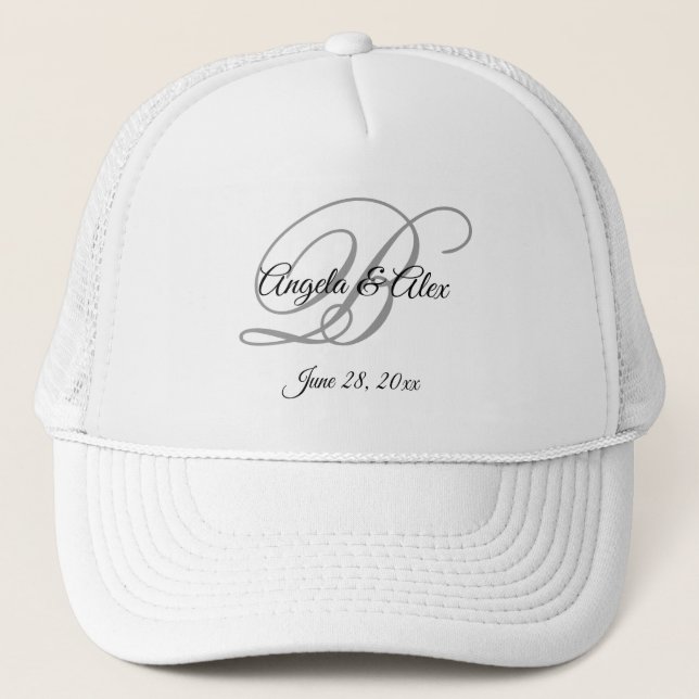 Black and Grey Fancy Script Wedding Monogram Trucker Hat (Front)