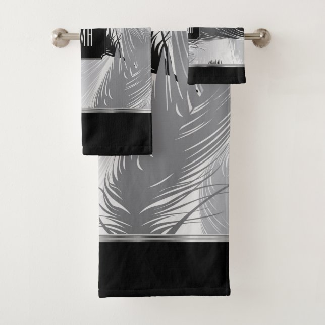 Black and Grey Feather Pattern with Monogram Bath Towel Set (Insitu)