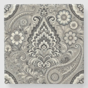 Black and Grey Floral Paisley Elegance Stone Coaster