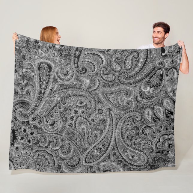 Black and Grey Floral Paisley Pattern Fleece Blanket (In Situ)