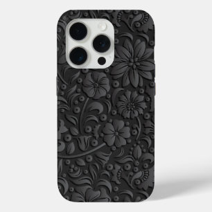 Black and grey floral pattern embossed look iPhone 15 pro case