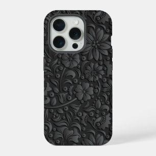 Black and grey floral pattern embossed look iPhone 15 pro case