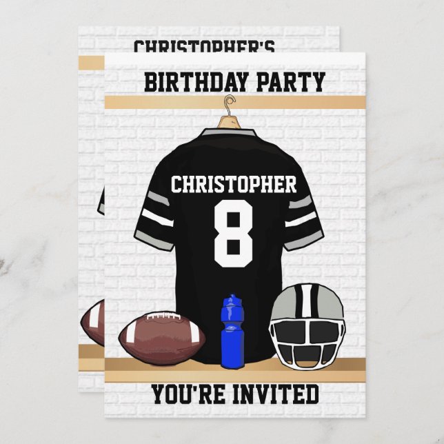 Black and Grey Football Jersey Birthday Party Invitation (Front/Back)