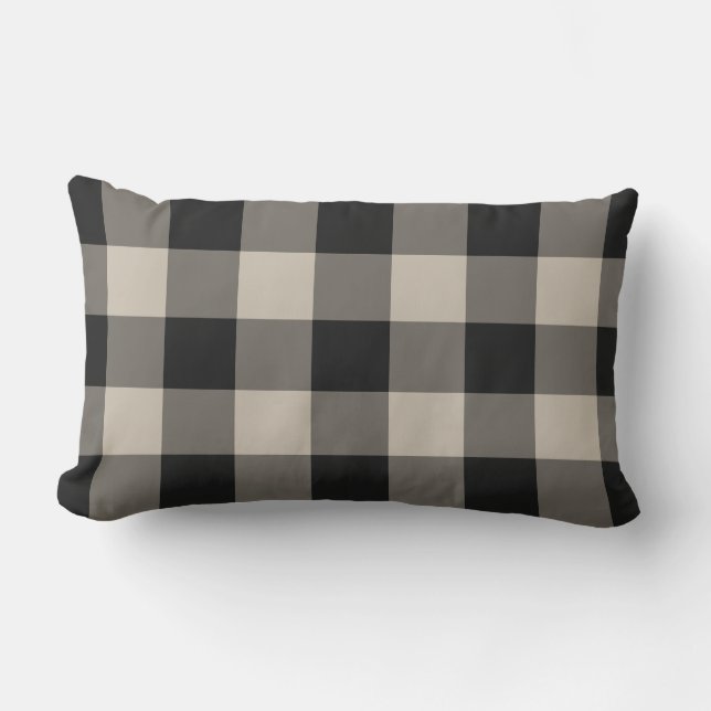Black and Grey Gingham Buffalo Check Pattern Lumbar Cushion (Front)